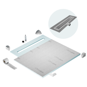 QM Shower Pan Curbless Kit 56″ with a 48″ Lotus Linear Drain Flange Edge Side Outlet in Satin