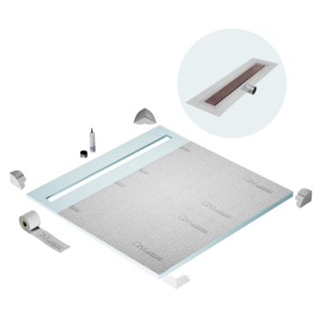 QM Shower Pan Curbless Kit 64" with a 58" Lotus Linear Drain Flange Edge Side Outlet in Bronze