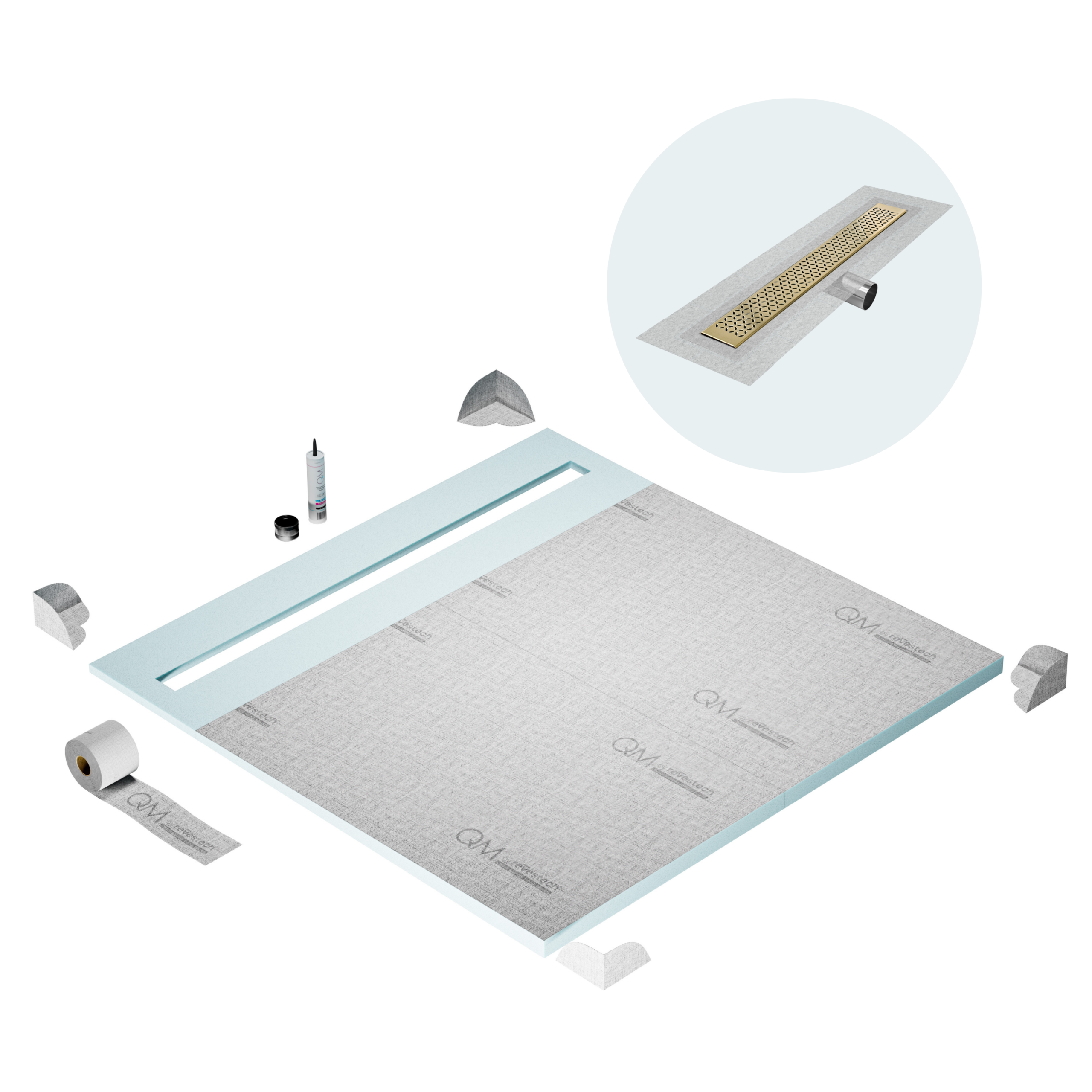 QM Shower Pan Curbless Kit 64" with a 58" Lotus Linear Drain Flange Edge Side Outlet in Gold