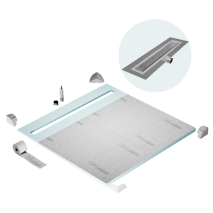 QM Shower Pan Curbless Kit 64″ with a 58″ Lotus Linear Drain Flange Edge Side Outlet in Satin