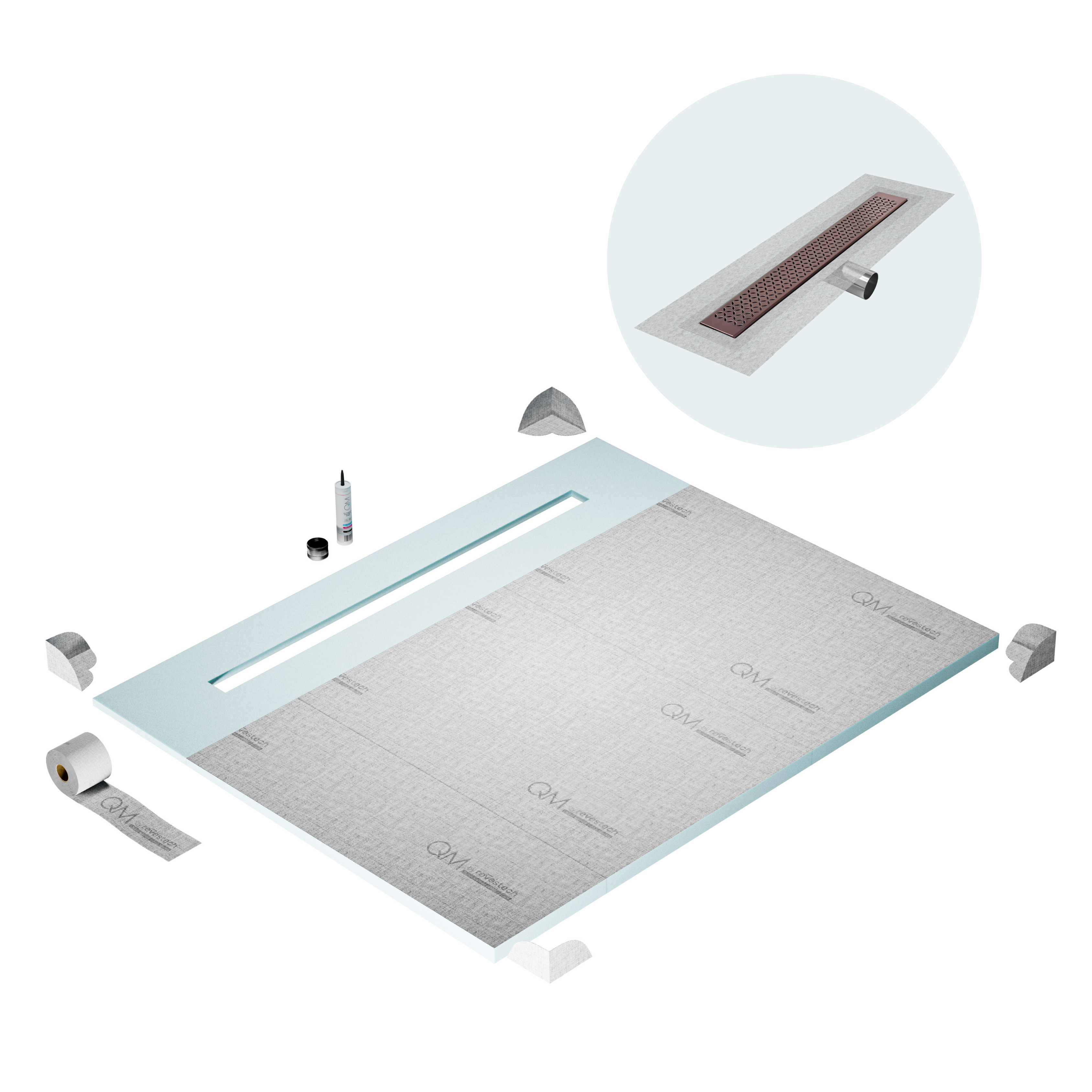 QM Shower Pan Curbless Kit 80" with a 58" Lotus Linear Drain Flange Edge Side Outlet in Bronze