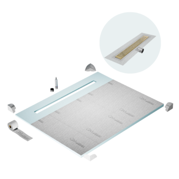 QM Shower Pan Curbless Kit 80" with a 58" Lotus Linear Drain Flange Edge Side Outlet in Gold