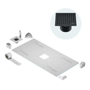 QM Curbless Center Shower Pan Kit 32″ x 63″ with 4″ Mira Square Drain in Black