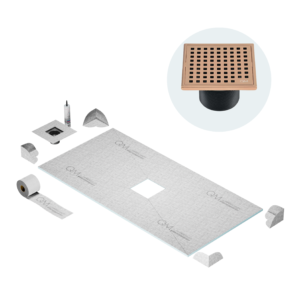 QM Curbless Center Shower Pan Kit 32″ x 63″ with 4″ Mira Square Drain in Bronze