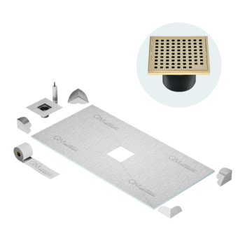 QM Curbless Center Shower Pan Kit 32" x 63" with 4" Mira Square Drain in Gold