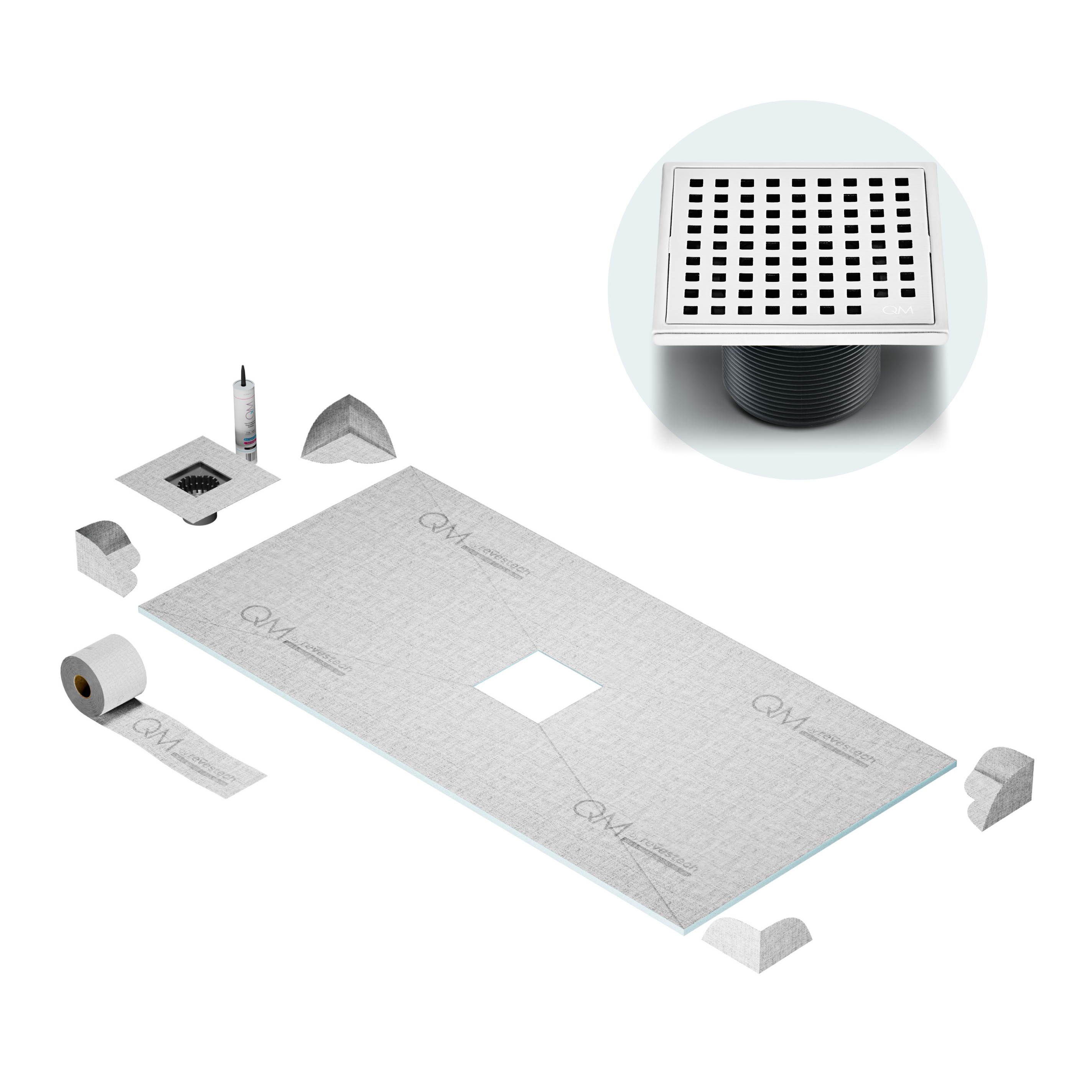 QM Curbless Center Shower Pan Kit 32" x 63" with 4" Mira Square Drain in Polished