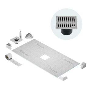 QM Curbless Center Shower Pan Kit 32″ x 63″ with 4″ Mira Square Drain in Satin