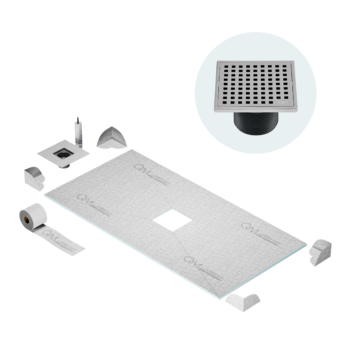 QM Curbless Center Shower Pan Kit 32" x 63" with 4" Mira Square Drain in Satin