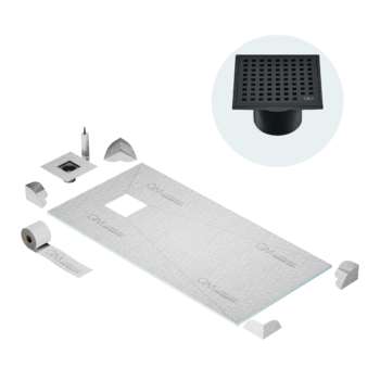 QM Curbless Off-Center Shower Pan Kit 32" x 63" with 4" Mira Square Drain in Black
