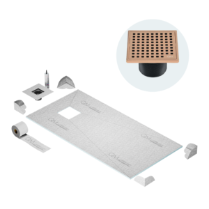 QM Curbless Off-Center Shower Pan Kit 32″ x 63″ with 4″ Mira Square Drain in Bronze