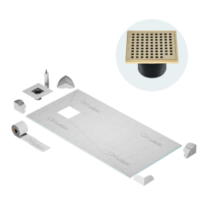 QM Curbless Off-Center Shower Pan Kit 32″ x 63″ with 4″ Mira Square Drain in Gold
