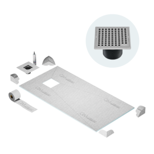 QM Curbless Off-Center Shower Pan Kit 32″ x 63″ with 4″ Mira Square Drain in Satin
