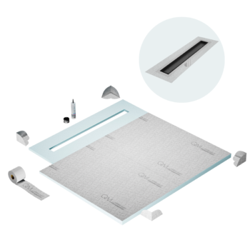 QM Shower Pan Curbless Kit 56" with a 48" Mist (Tile-in) Linear Drain Flange Edge in Black