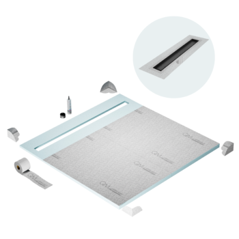 QM Shower Pan Curbless Kit 64" with a 58" Mist (Tile-in) Linear Drain Flange Edge in Black