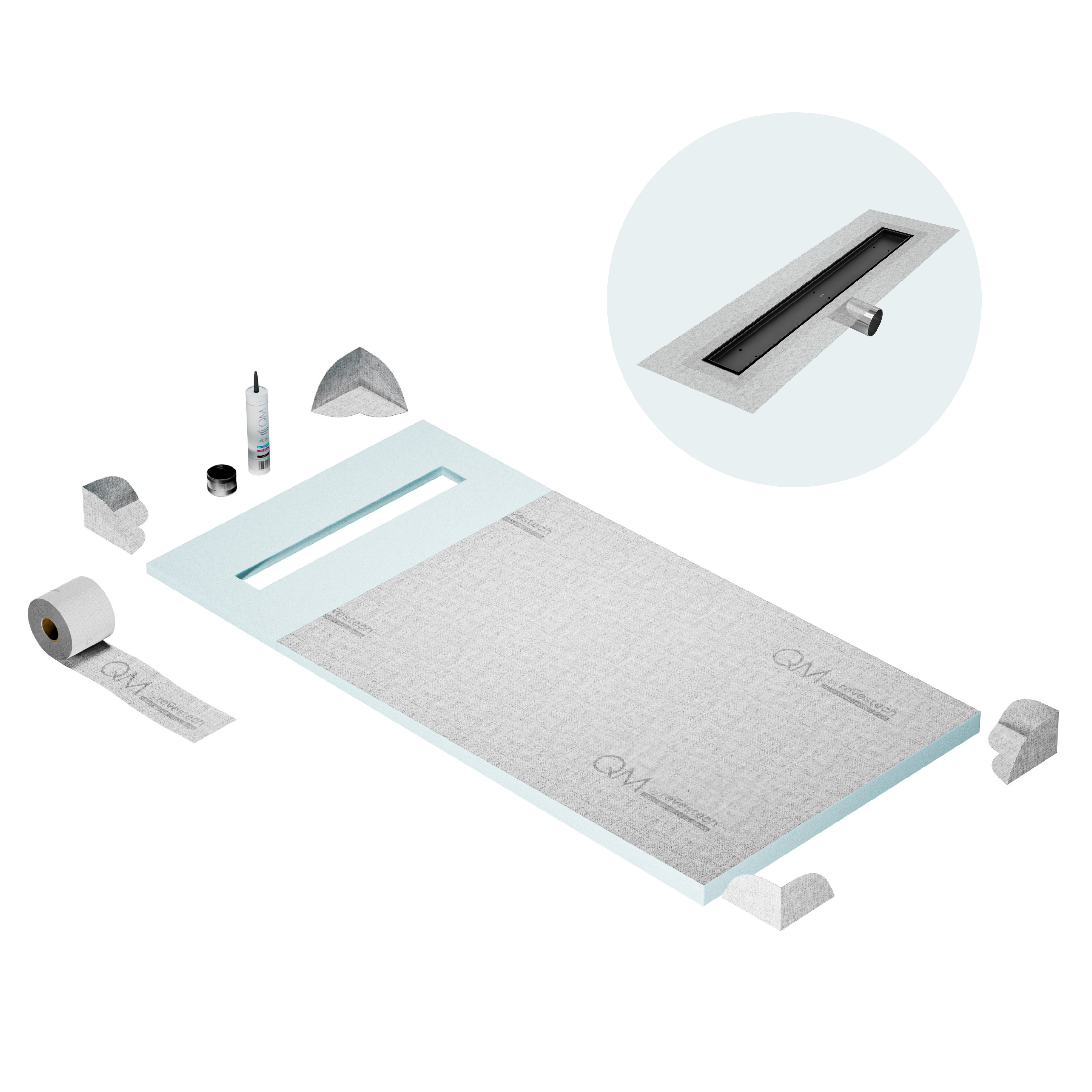 QM Shower Pan Curbless Kit 32" with a 24" Mist (Tile-in) Linear Drain Flange Edge Side Outlet in Black