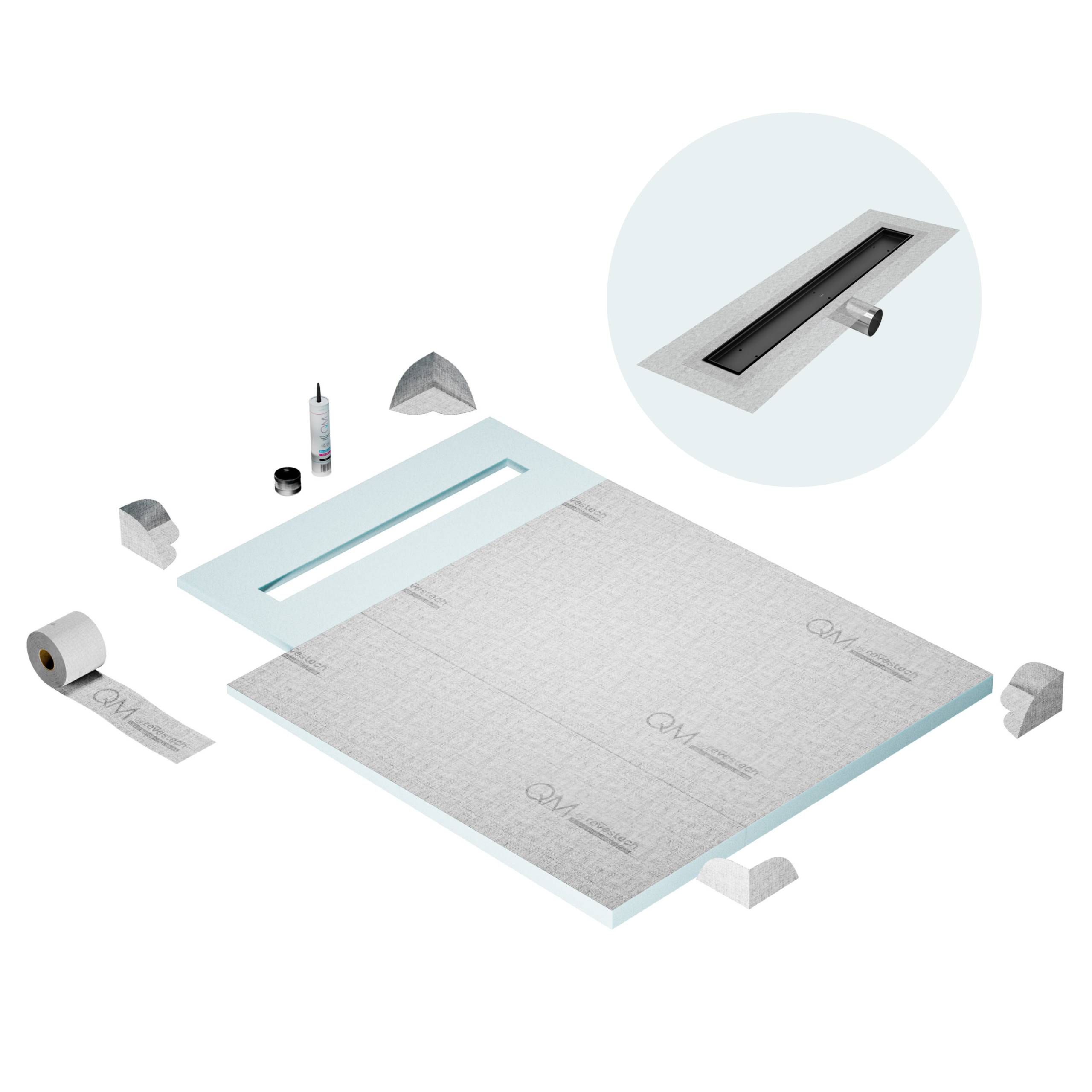 QM Shower Pan Curbless Kit 40" with a 32" Mist (Tile-in) Linear Drain Flange Edge Side Outlet in Black