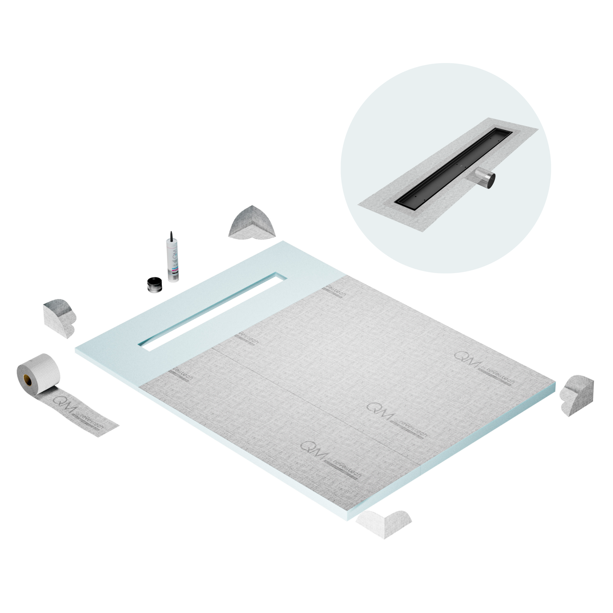QM Shower Pan Curbless Kit 48" with a 36" Mist (Tile-in) Linear Drain Flange Edge Side Outlet in Black