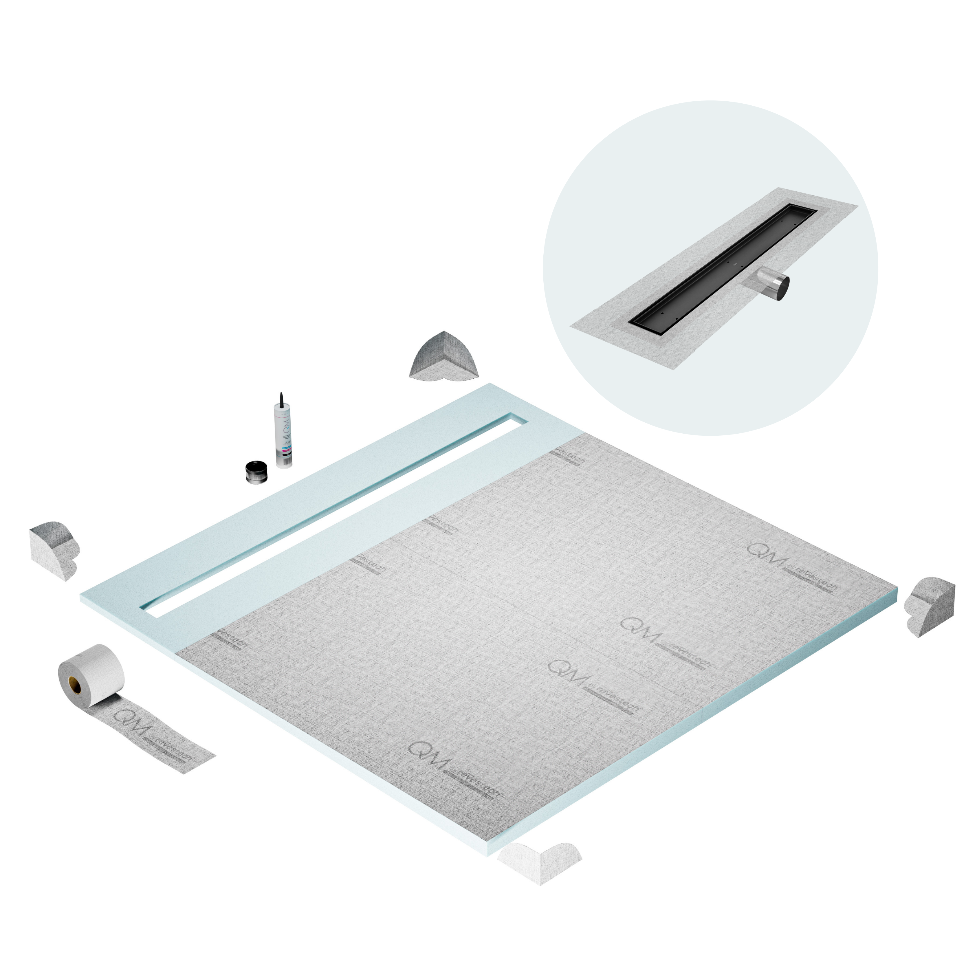 QM Shower Pan Curbless Kit 64" with a 58" Mist (Tile-in) Linear Drain Flange Edge Side Outlet in Black