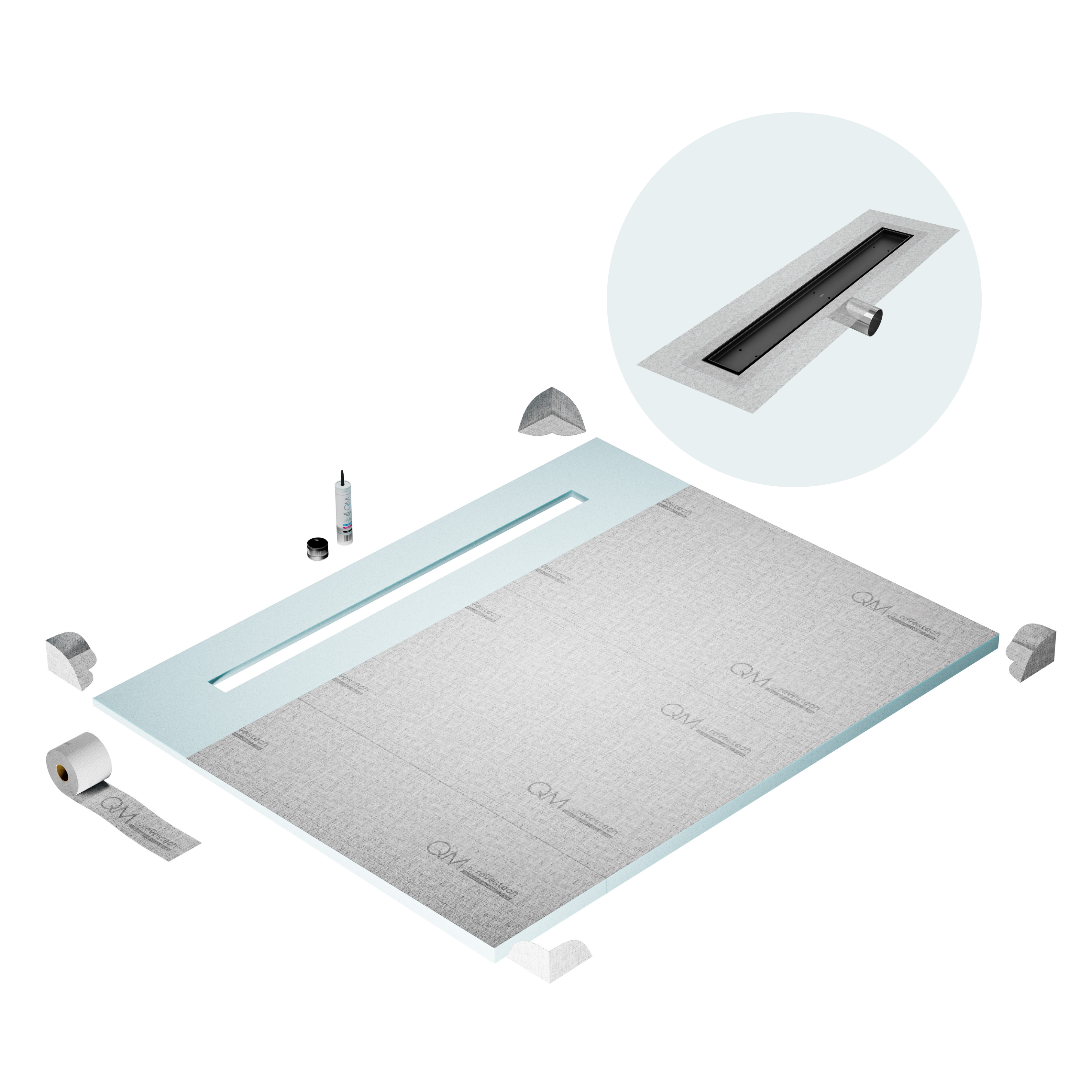 QM Shower Pan Curbless Kit 80" with a 58" Mist (Tile-in) Linear Drain Flange Edge Side Outlet in Black