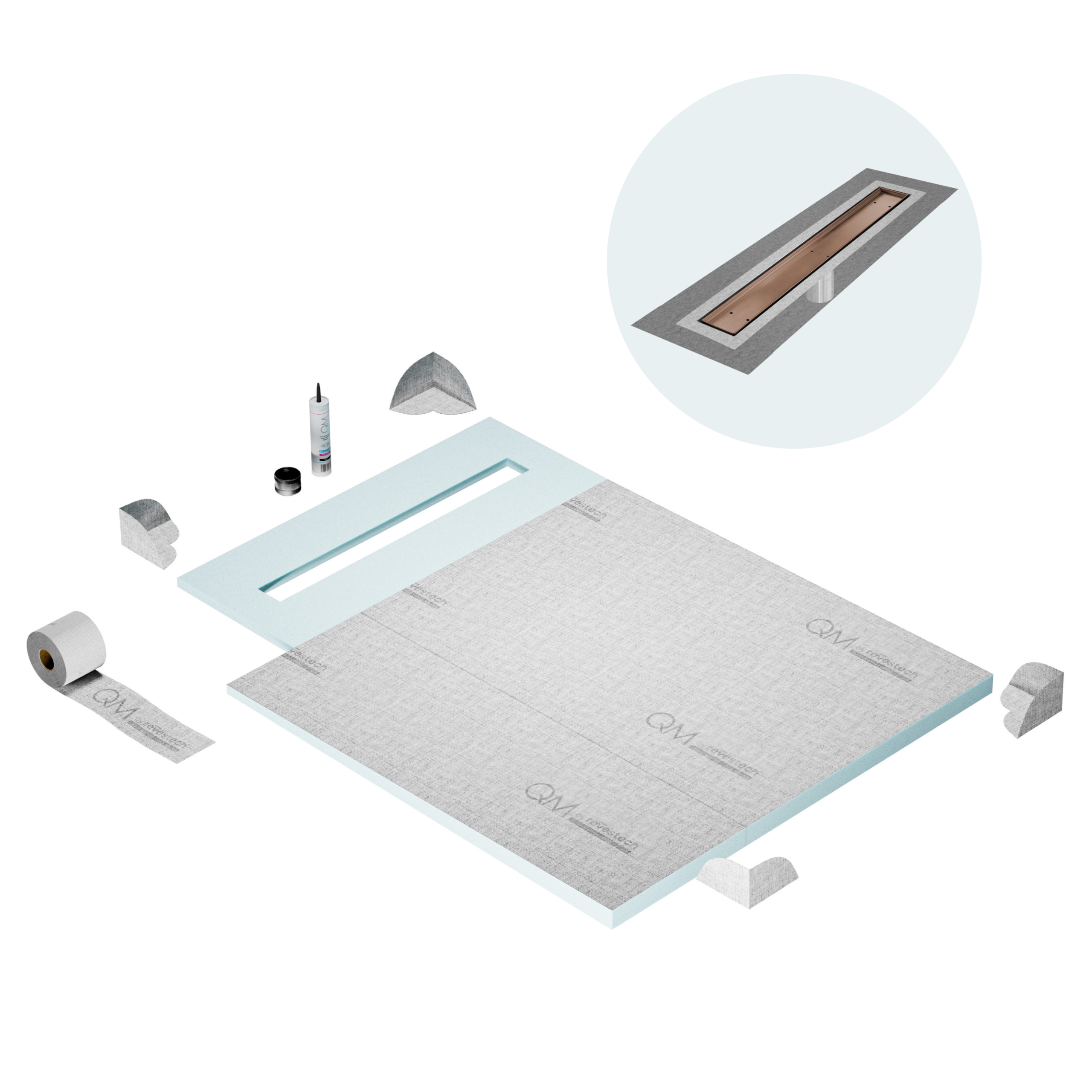QM Shower Pan Curbless Kit 40" with a 32" Mist (Tile-in) Linear Drain Flange Edge in Bronze