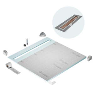 QM Shower Pan Curbless Kit 64″ with a 58″ Mist (Tile-in) Linear Drain Flange Edge in Bronze