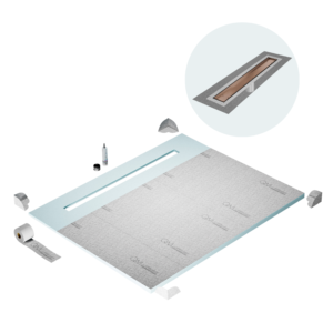 QM Shower Pan Curbless Kit 80″ with a 58″ Mist (Tile-in) Linear Drain Flange Edge in Bronze