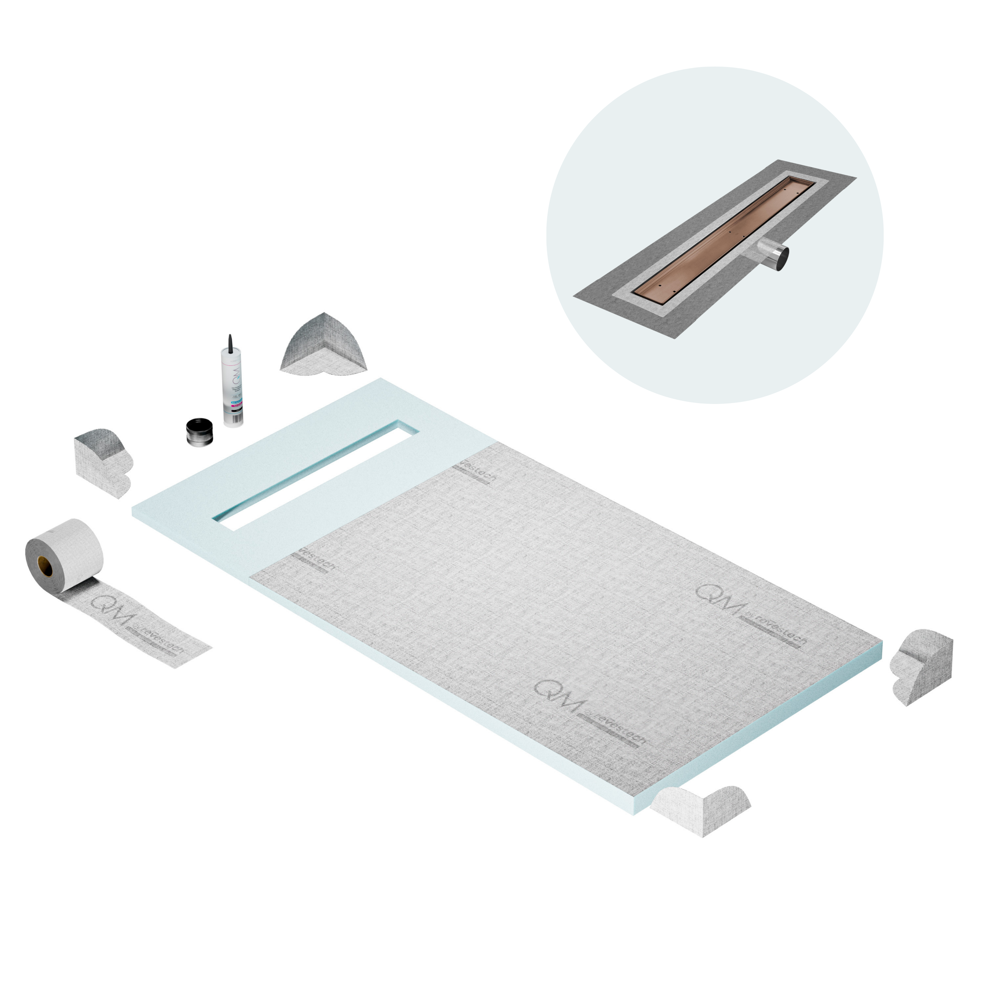 QM Shower Pan Curbless Kit 32" with a 24" Mist (Tile-in) Linear Drain Flange Edge Side Outlet in Bronze