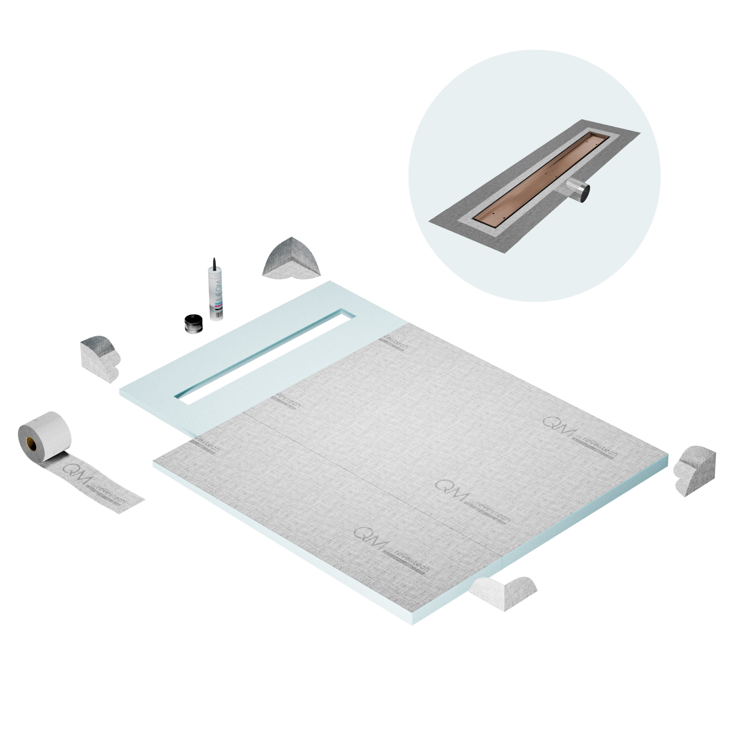 QM Shower Pan Curbless Kit 40" with a 32" Mist (Tile-in) Linear Drain Flange Edge Side Outlet in Bronze