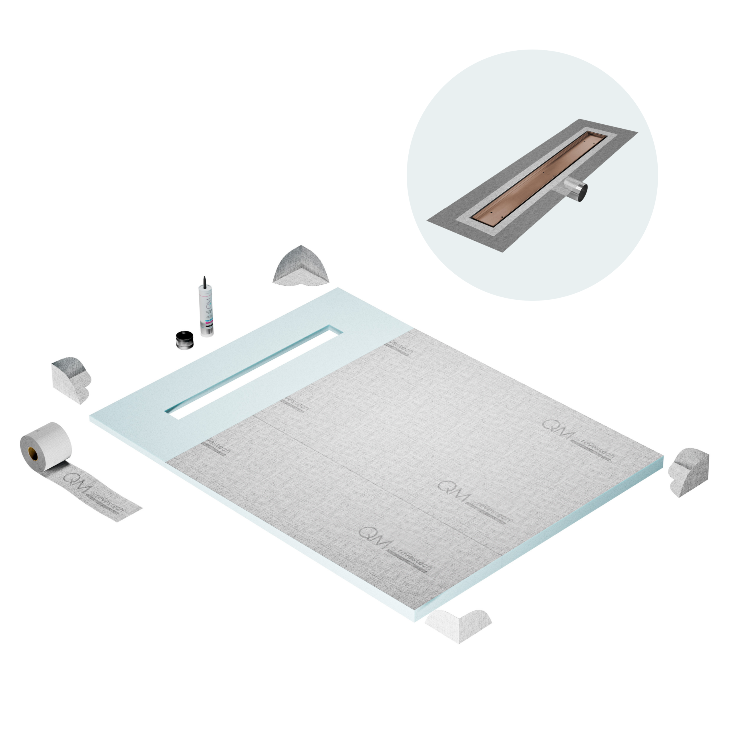 QM Shower Pan Curbless Kit 48" with a 36" Mist (Tile-in) Linear Drain Flange Edge Side Outlet in Bronze