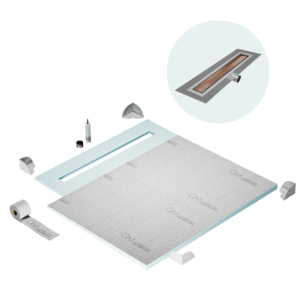 QM Shower Pan Curbless Kit 56″ with a 48″ Mist (Tile-in) Linear Drain Flange Edge Side Outlet in Bronze