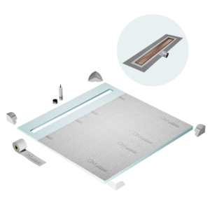 QM Shower Pan Curbless Kit 64″ with a 58″ Mist (Tile-in) Linear Drain Flange Edge Side Outlet in Bronze