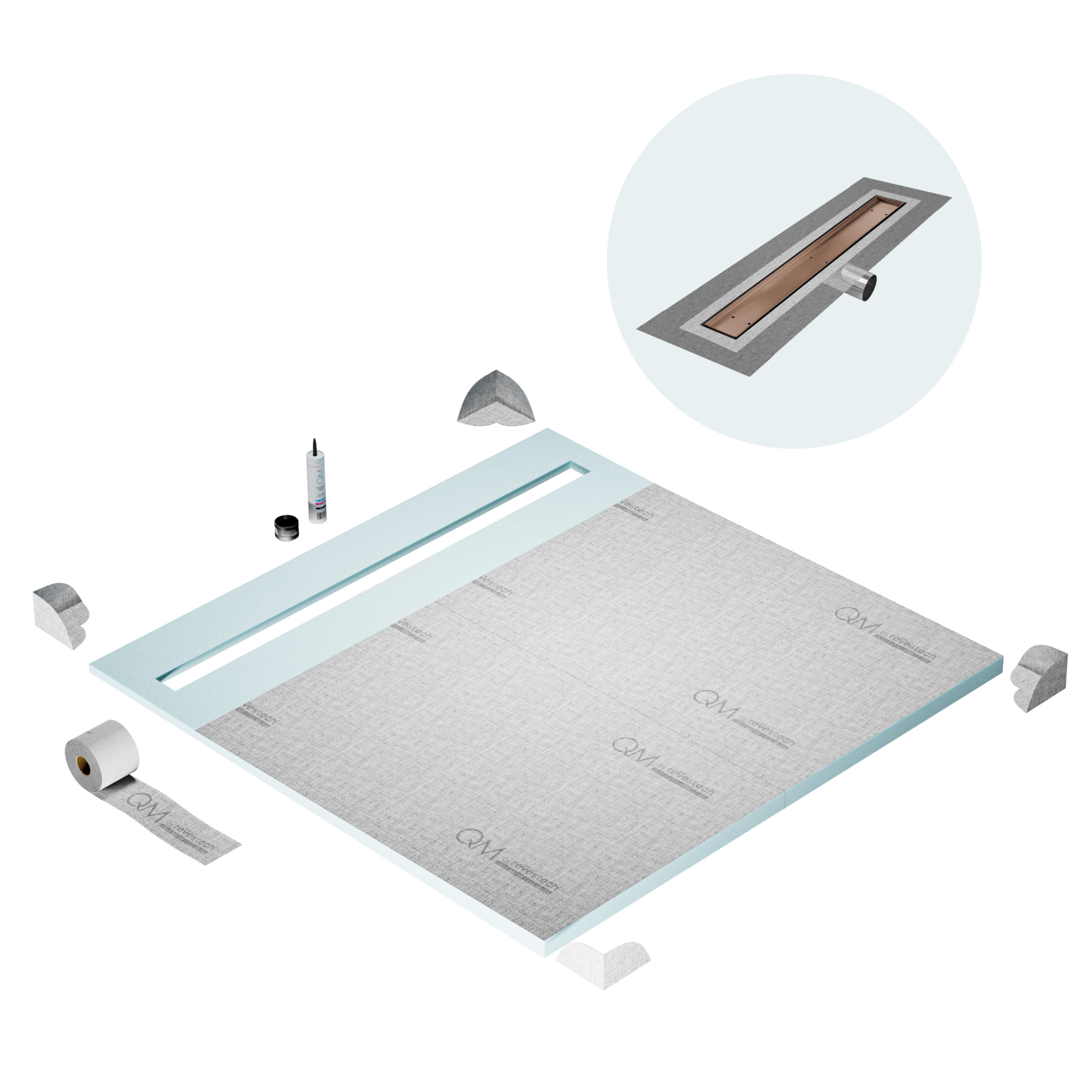 QM Shower Pan Curbless Kit 64" with a 58" Mist (Tile-in) Linear Drain Flange Edge Side Outlet in Bronze