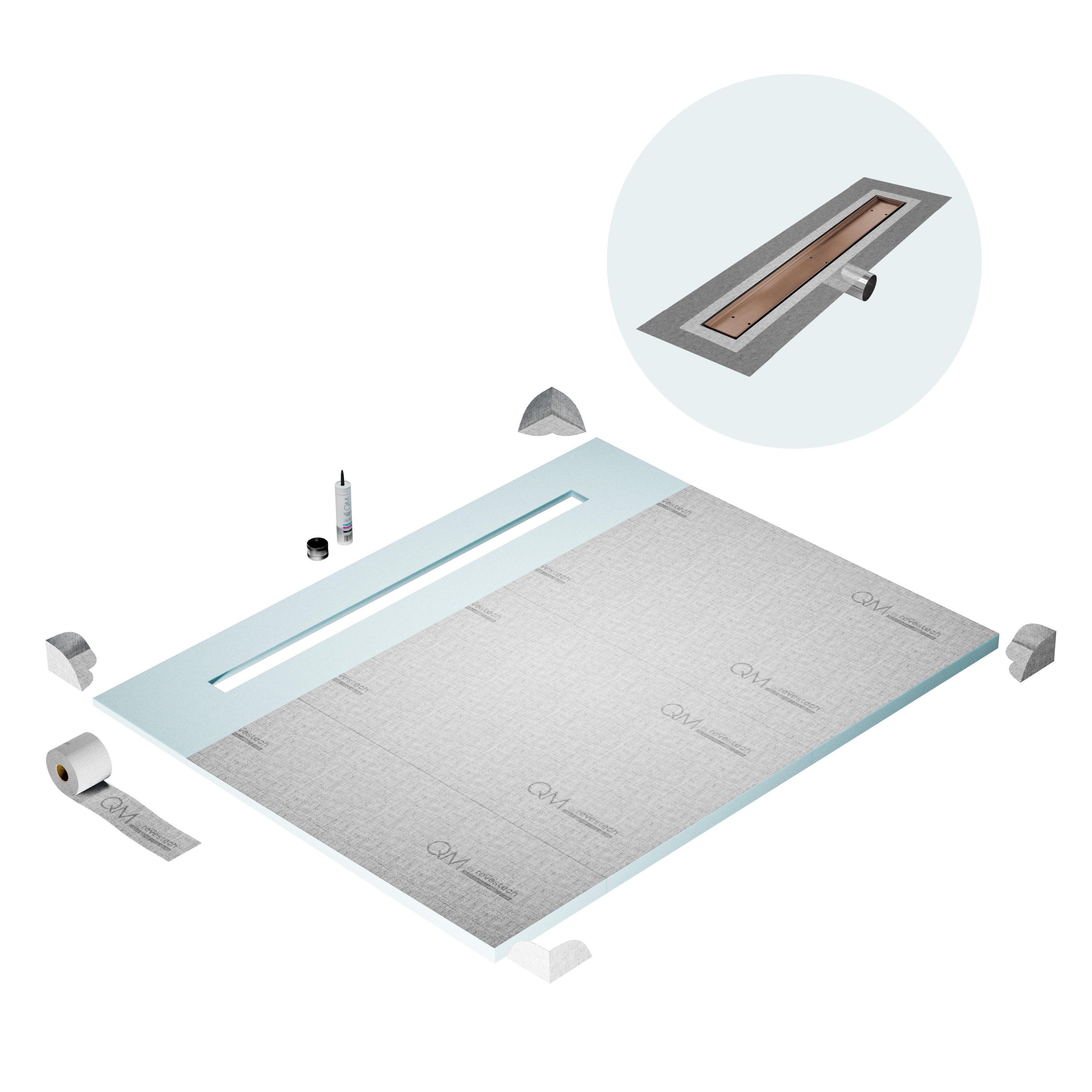 QM Shower Pan Curbless Kit 80" with a 58" Mist (Tile-in) Linear Drain Flange Edge Side Outlet in Bronze