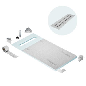 QM Shower Pan Curbless Kit 32″ with a 24″ Mist (Tile-in) Linear Drain Flange Edge Frameless
