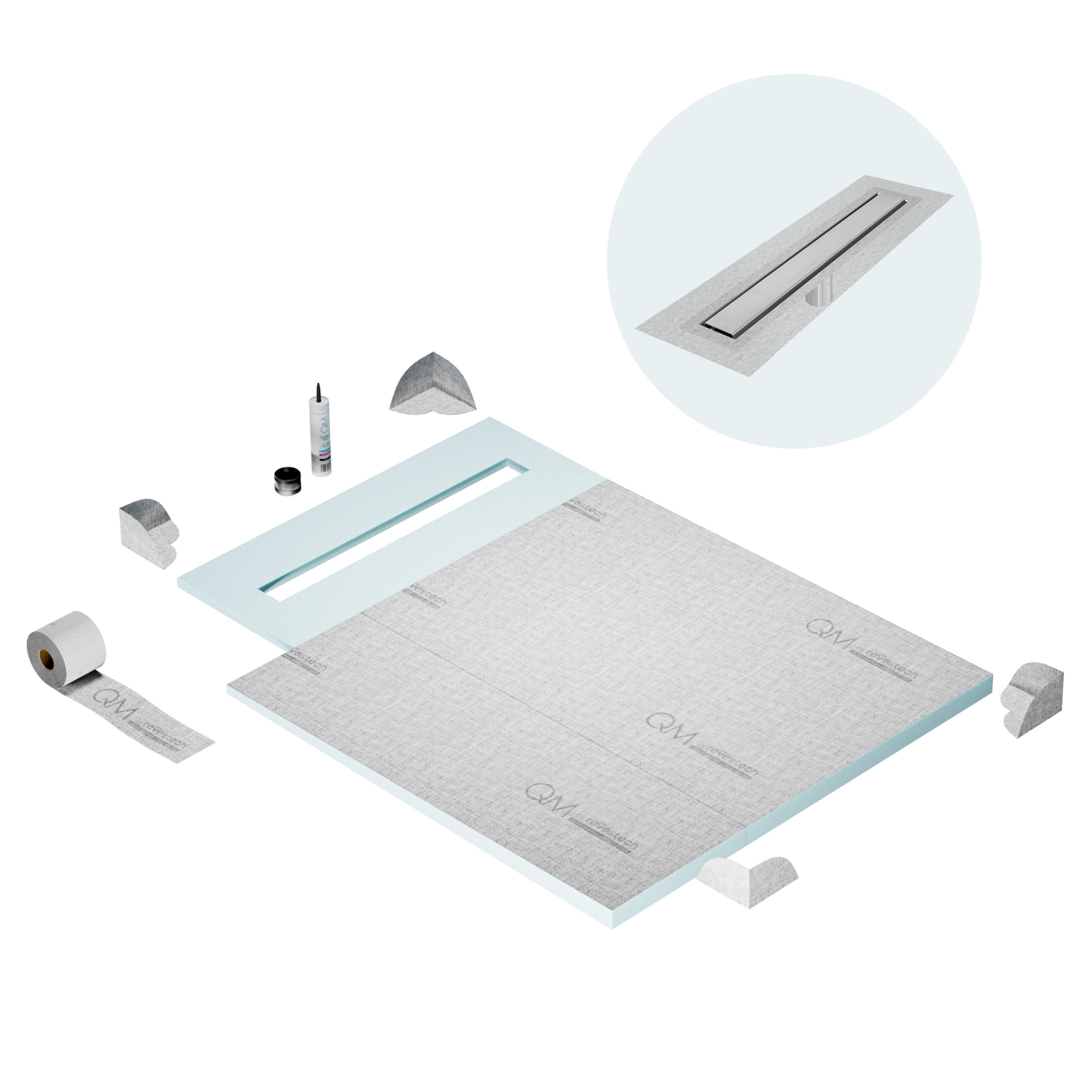 QM Shower Pan Curbless Kit 40" with a 32" Mist (Tile-in) Linear Drain Flange Edge Frameless