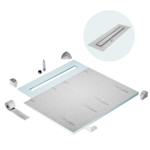 QM Shower Pan Curbless Kit 56″ with a 48″ Mist (Tile-in) Linear Drain Flange Edge Frameless