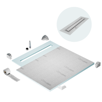 QM Shower Pan Curbless Kit 56" with a 48" Mist (Tile-in) Linear Drain Flange Edge Frameless