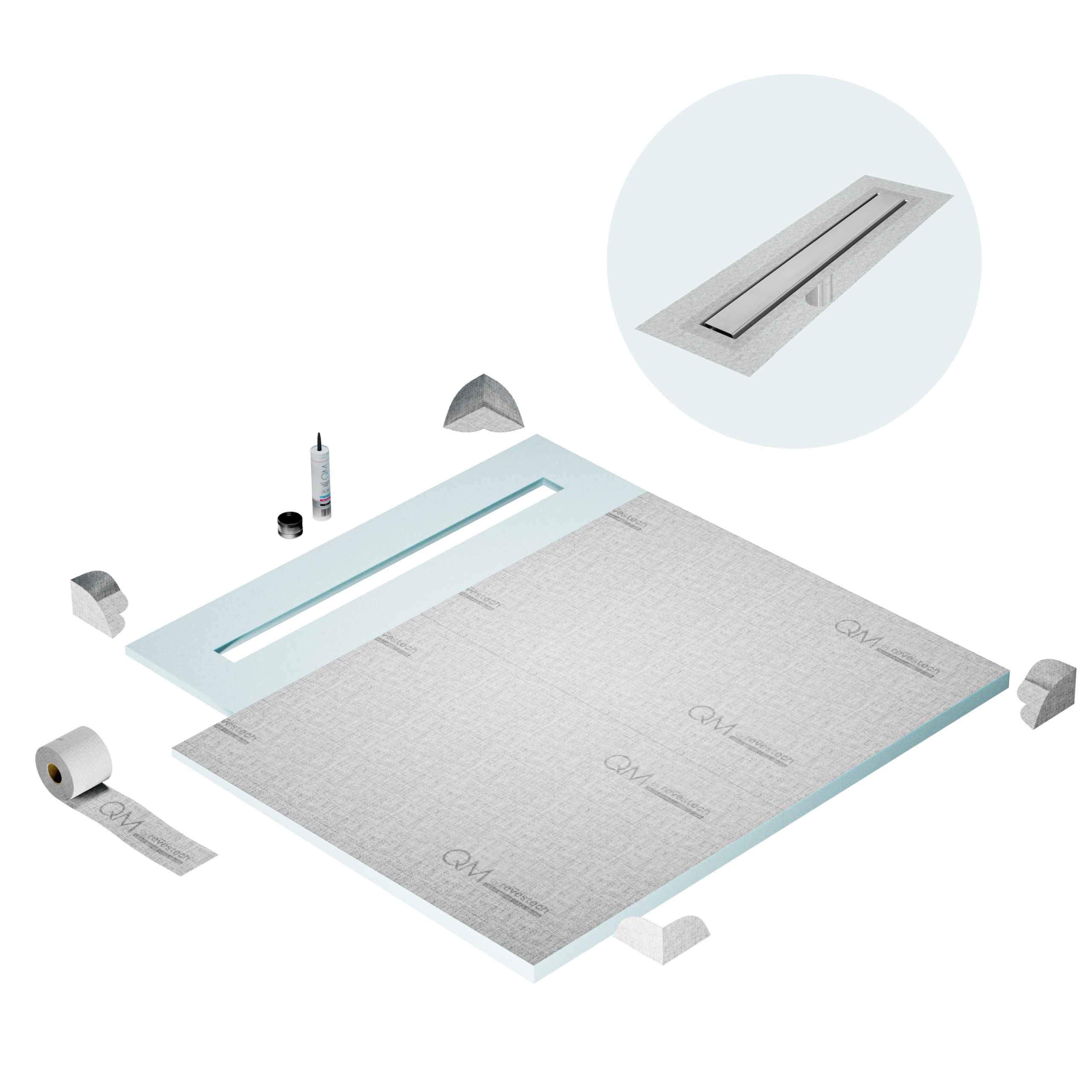 QM Shower Pan Curbless Kit 56" with a 48" Mist (Tile-in) Linear Drain Flange Edge Frameless