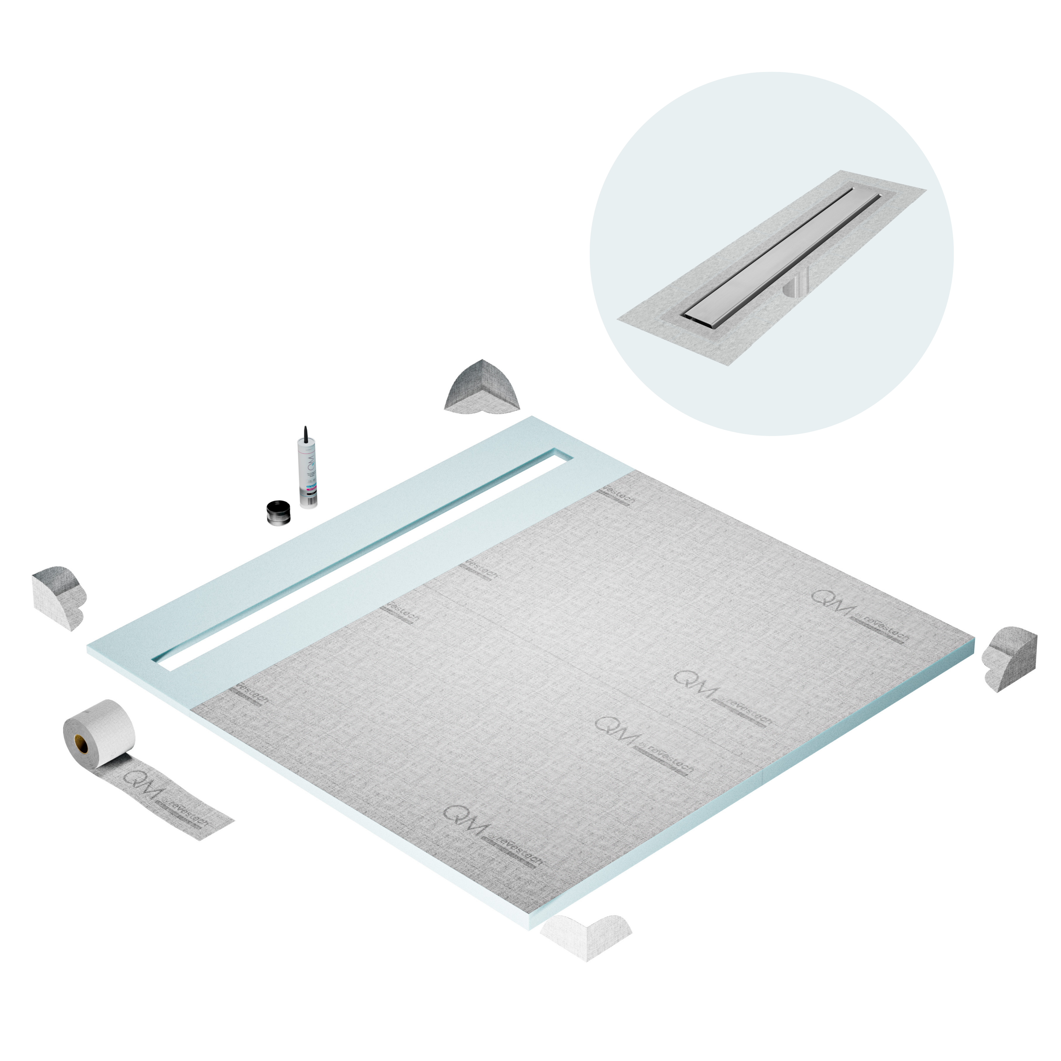 QM Shower Pan Curbless Kit 64" with a 58" Mist (Tile-in) Linear Drain Flange Edge Frameless