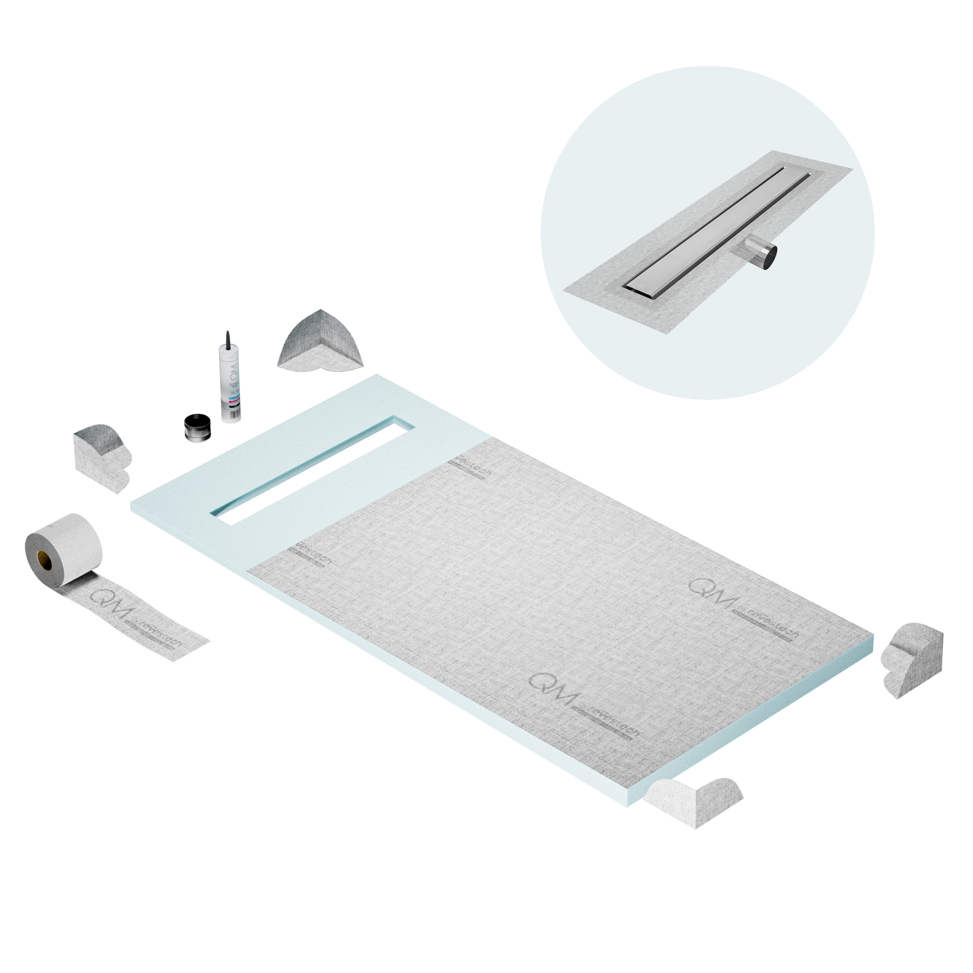 QM Shower Pan Curbless Kit 32" with a 24" Mist (Tile-in) Linear Drain Flange Edge Side Outlet Frameless