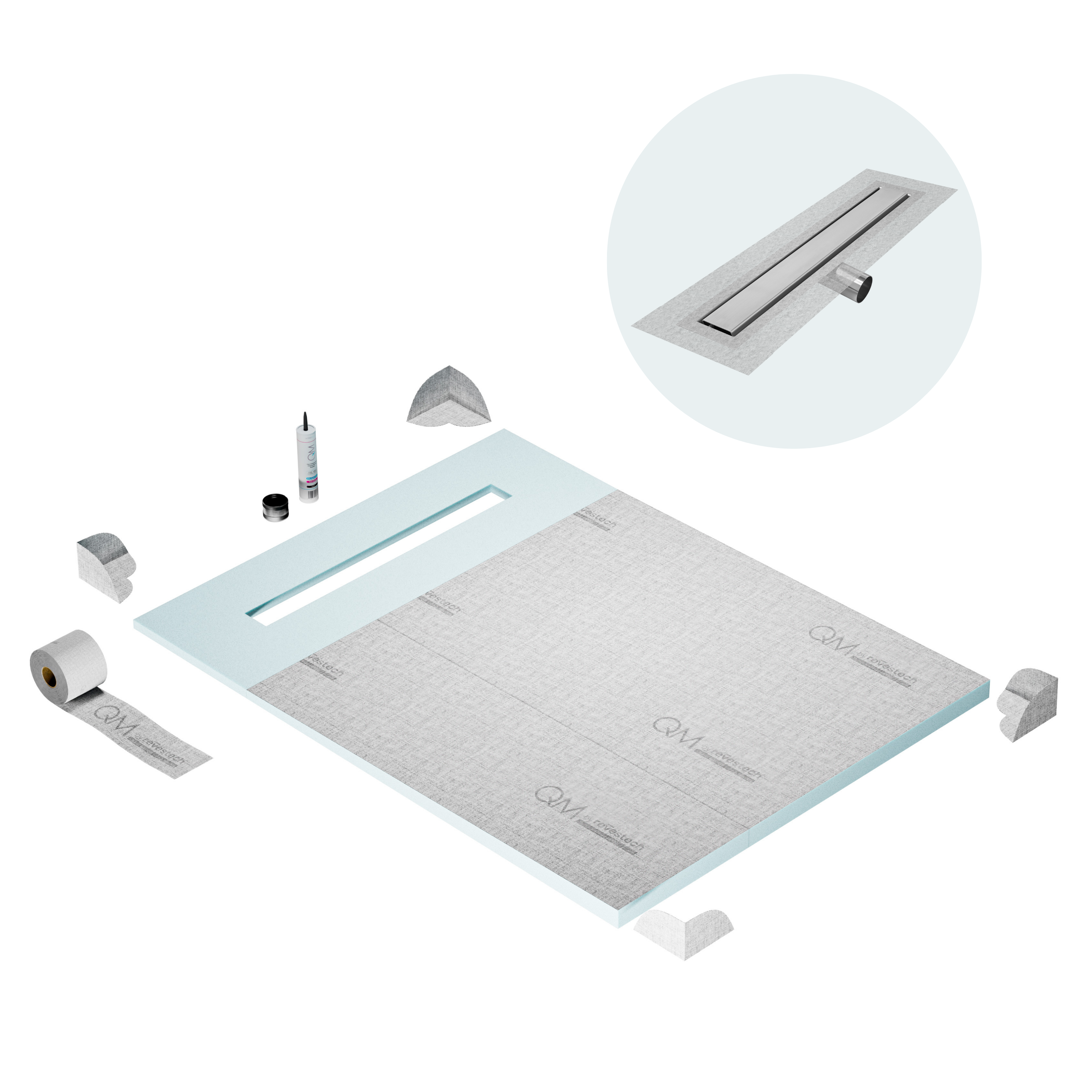 QM Shower Pan Curbless Kit 48" with a 36" Mist (Tile-in) Linear Drain Flange Edge Side Outlet Frameless