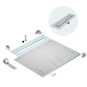 QM Shower Pan Curbless Kit 56″ with a 48″ Mist (Tile-in) Linear Drain Flange Edge Side Outlet Frameless