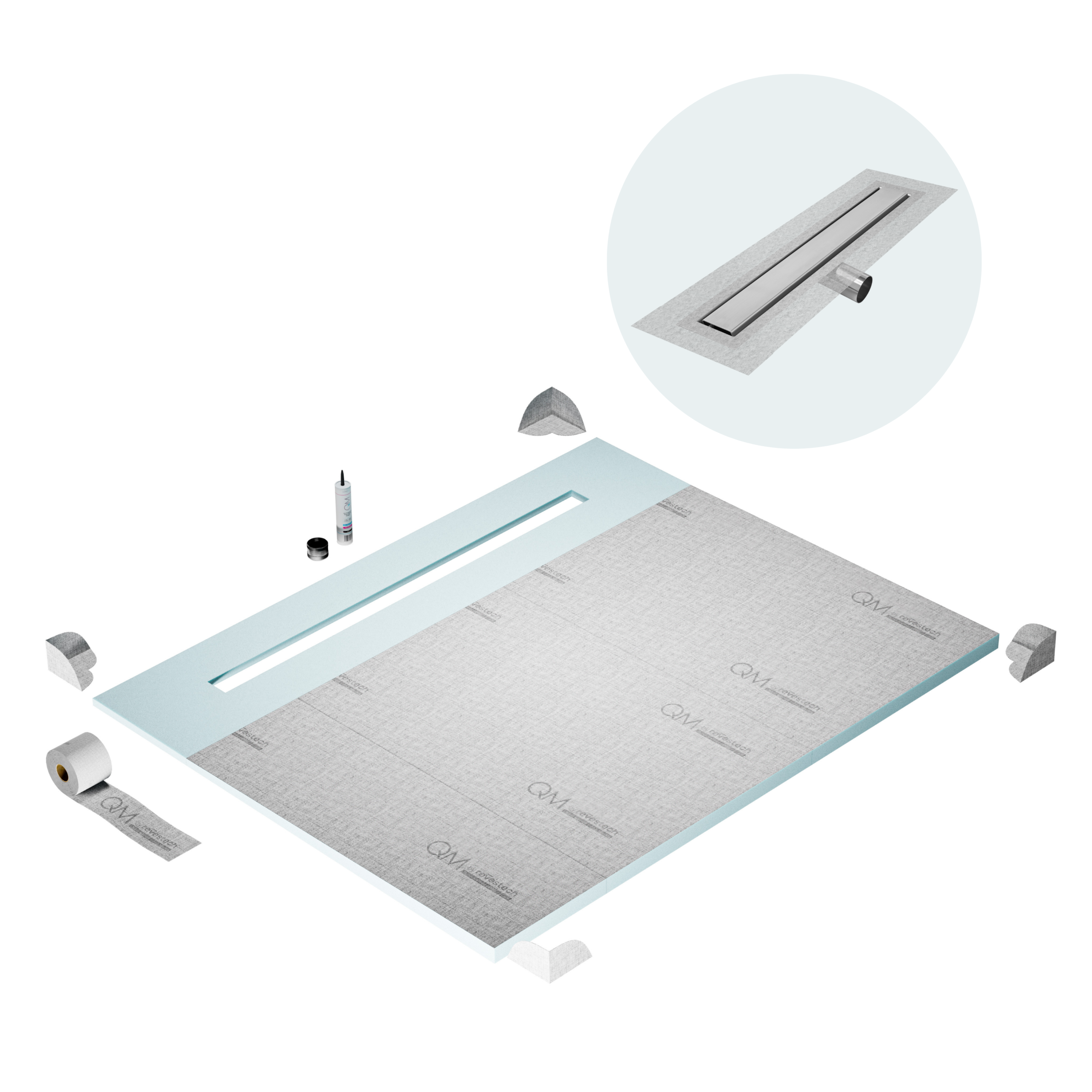 QM Shower Pan Curbless Kit 80" with a 58" Mist (Tile-in) Linear Drain Flange Edge Side Outlet Frameless