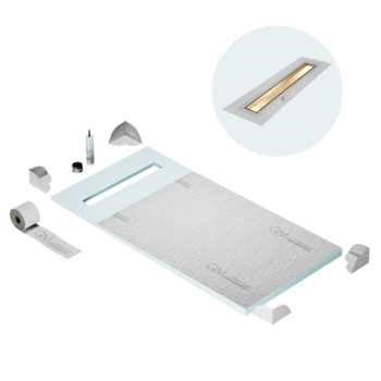 QM Shower Pan Curbless Kit 32" with a 24" Mist (Tile-in) Linear Drain Flange Edge in Gold