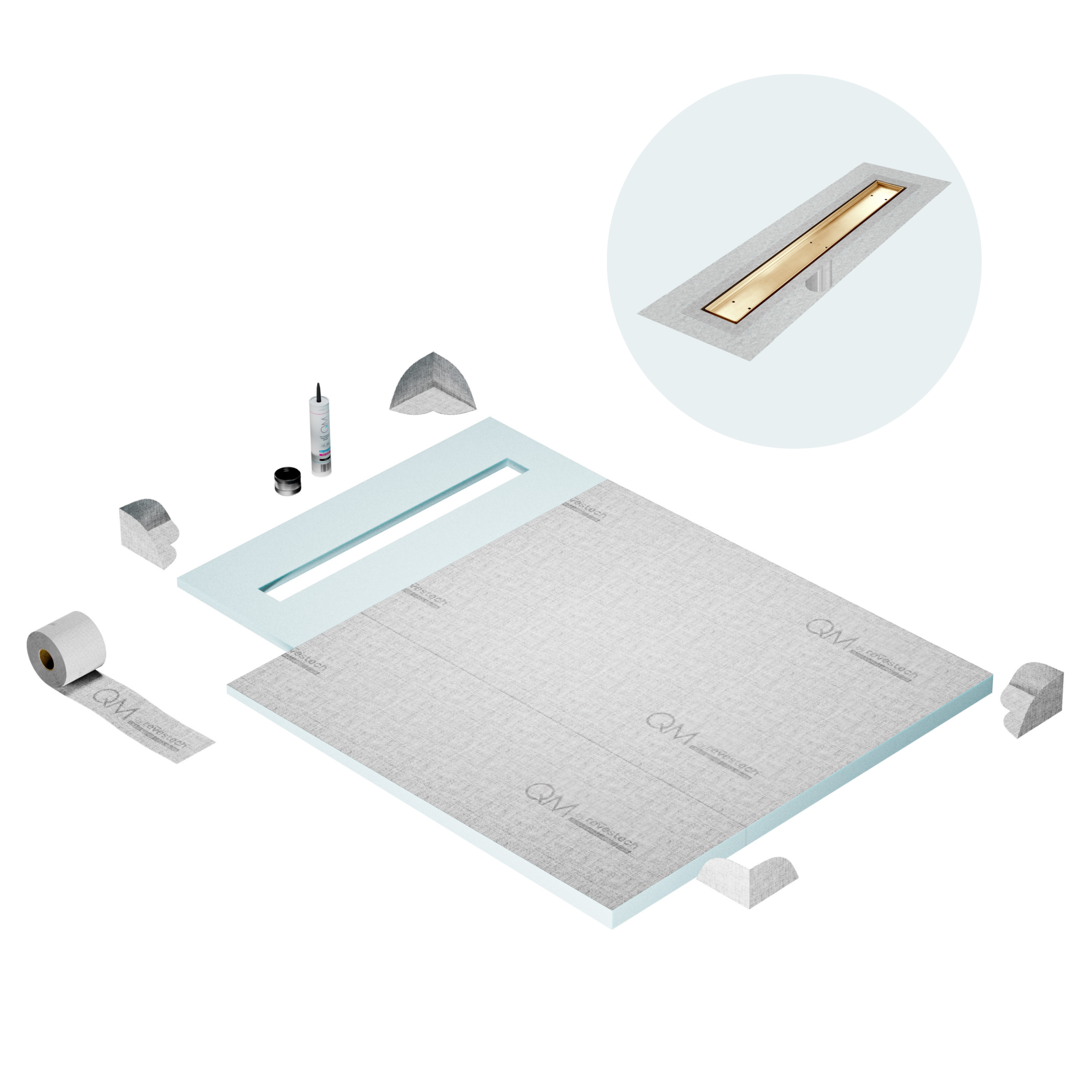 QM Shower Pan Curbless Kit 40" with a 32" Mist (Tile-in) Linear Drain Flange Edge in Gold