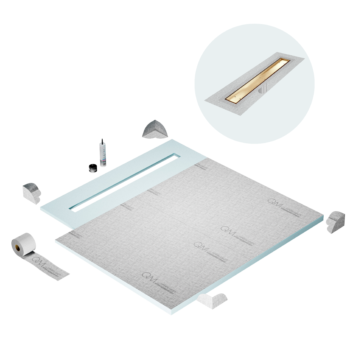 QM Shower Pan Curbless Kit 56" with a 48" Mist (Tile-in) Linear Drain Flange Edge in Gold