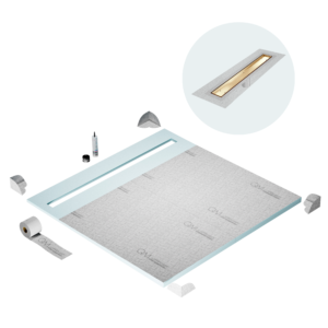 QM Shower Pan Curbless Kit 64″ with a 58″ Mist (Tile-in) Linear Drain Flange Edge in Gold