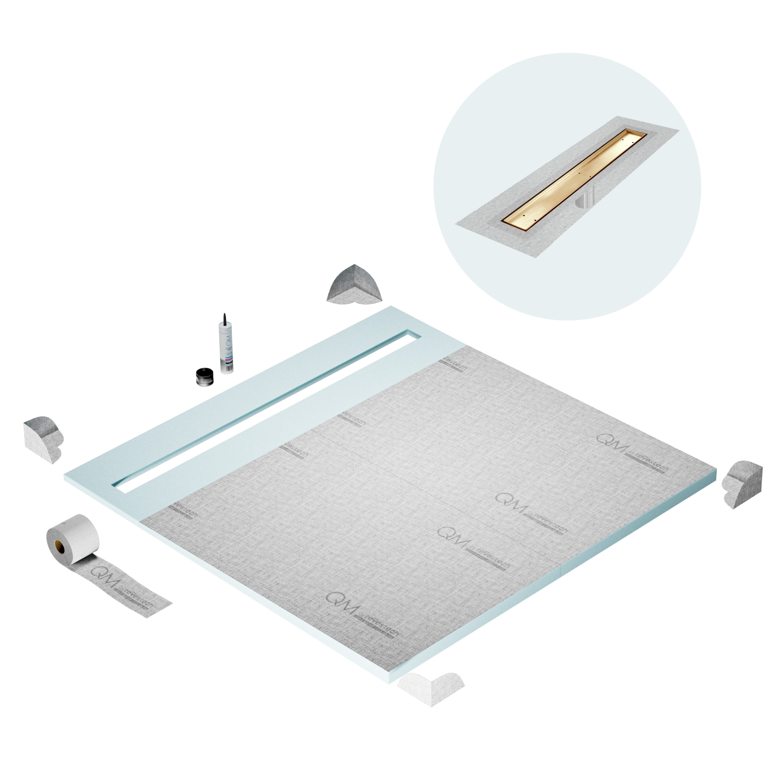 QM Shower Pan Curbless Kit 64" with a 58" Mist (Tile-in) Linear Drain Flange Edge in Gold