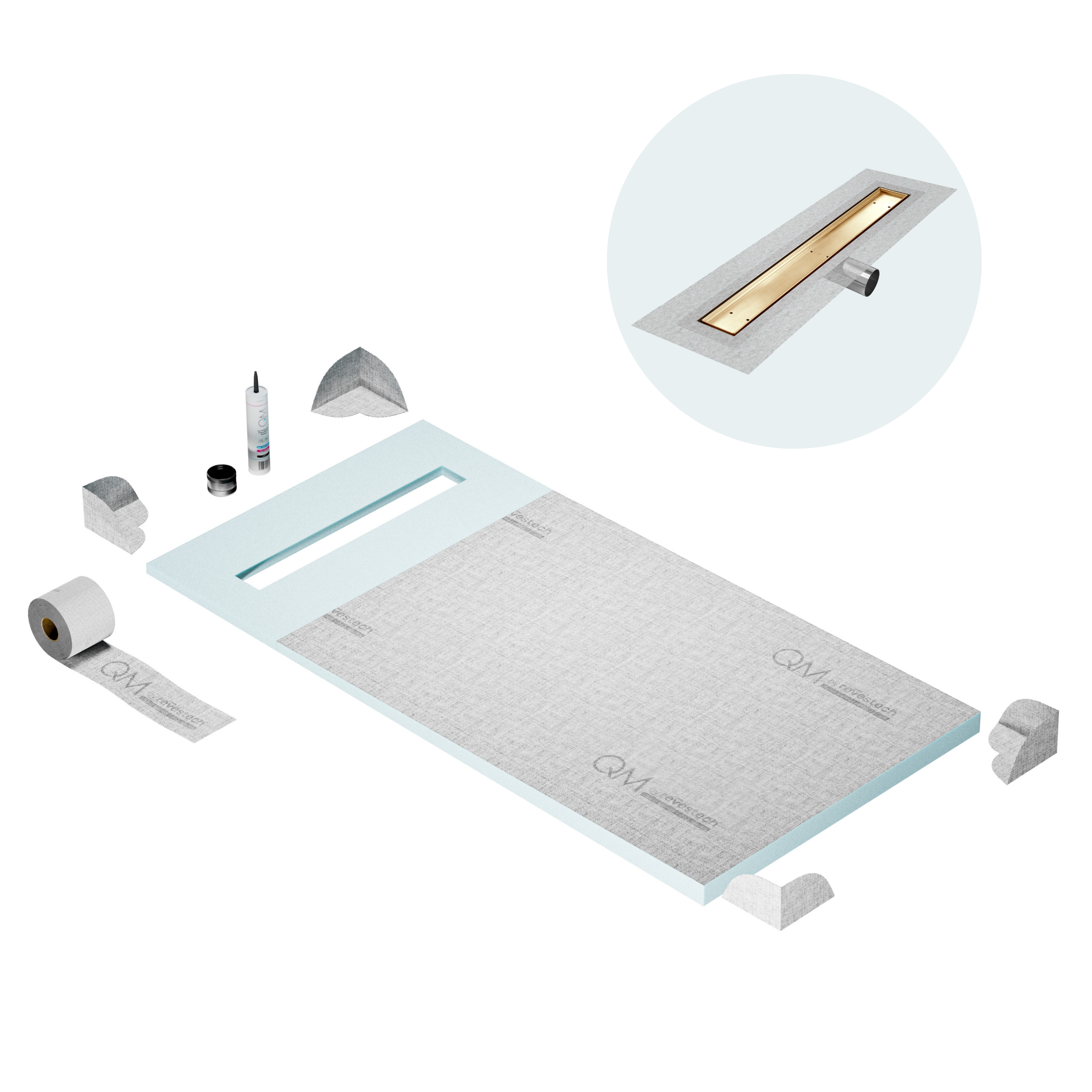 QM Shower Pan Curbless Kit 32" with a 24" Mist (Tile-in) Linear Drain Flange Edge Side Outlet in Gold
