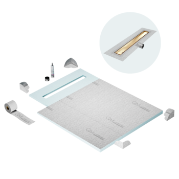 QM Shower Pan Curbless Kit 40" with a 32" Mist (Tile-in) Linear Drain Flange Edge Side Outlet in Gold